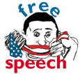 person with mouth gagged by United States' flag